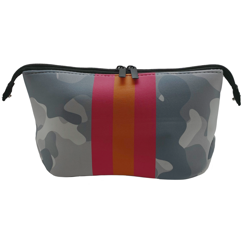 Neoprene Cosmetic/Travel Bag Grey Camo & Pink/Orange/Pink Stripe